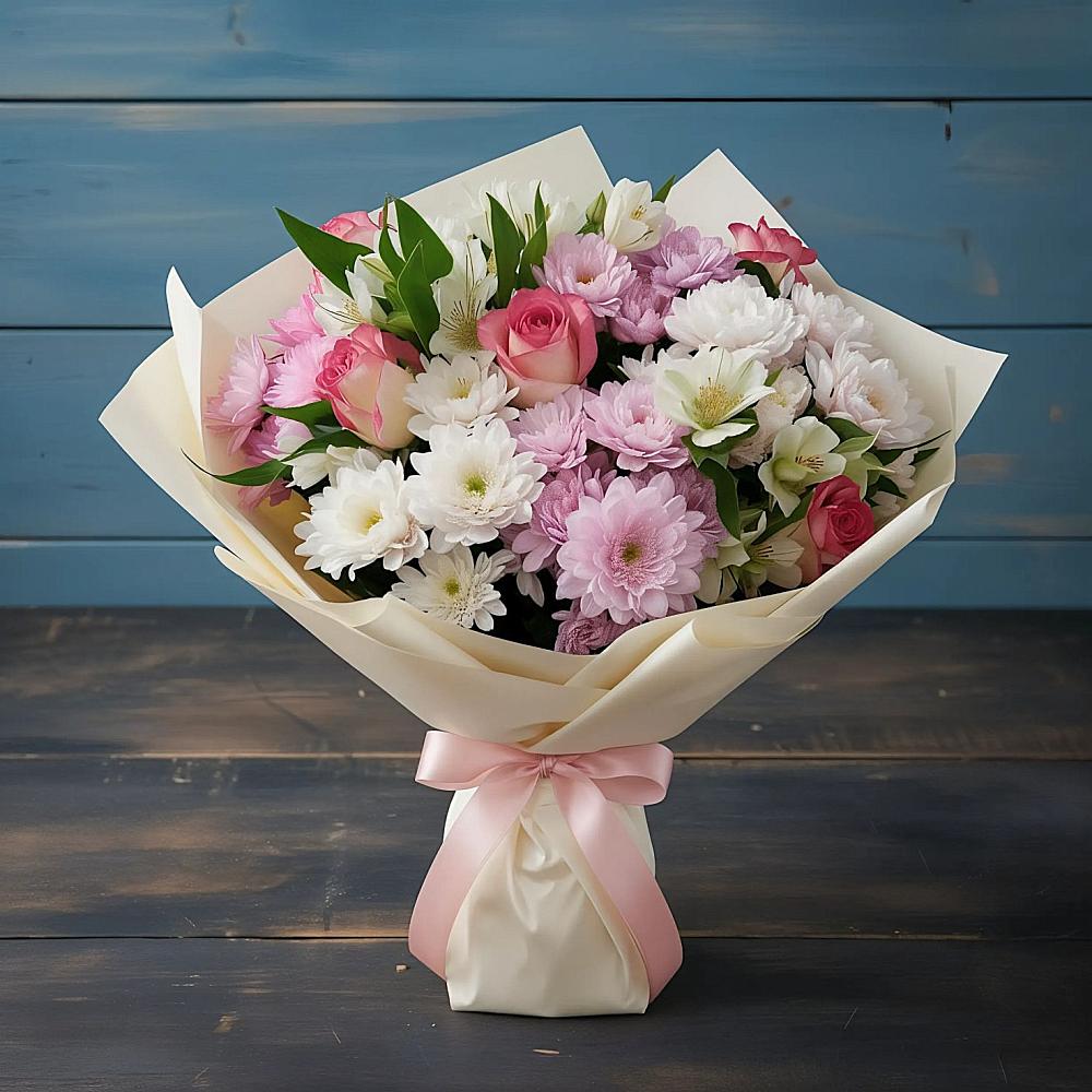 Букет цветов из: Хризантемы, Альстромерии и Розы в Черусти